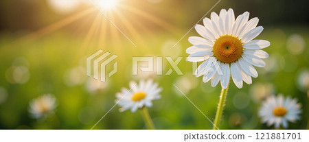 Sun-kissed daisies blooming in a vibrant field during golden hour 121881701