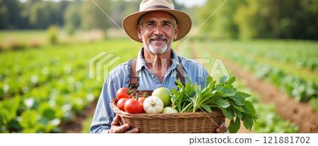 Farmer holding a basket of fresh vegetables in a green field during a sunny day 121881702