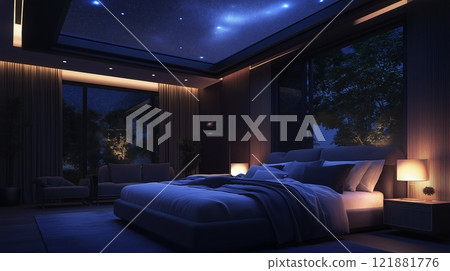 Bedroom with transparent ceiling featuring a starry night view 121881776