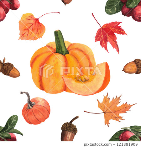 Seamless fall pattern with hand-drawing watercolor illustration. Fall leaves, pumpkins, acorns and cranberries. Pattern Seamless fall pattern with hand-drawing watercolor illustration. Fall leaves, pumpkins, acorns and cranberries. Pattern 121881909