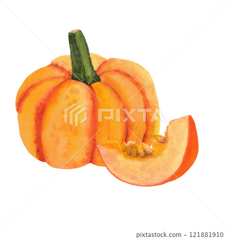 Watercolor hand-drawing pumpkin. Fall composition, pumpkin and slice of pumpkin. Fall, autumn, thanksgiving, holiday Watercolor hand-drawing pumpkin. Fall composition, pumpkin and slice of pumpkin. Fall, autumn, thanksgiving, holiday 121881910