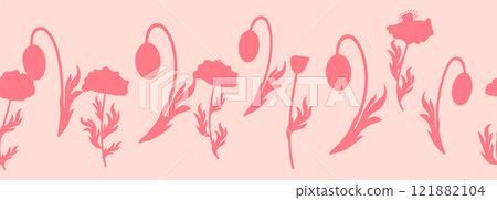 Decorative seamless vintage pattern in classic style with flowers and branches. Silhouettes of flowers, Two-color horizontal ornament in pastel colors, border 121882104