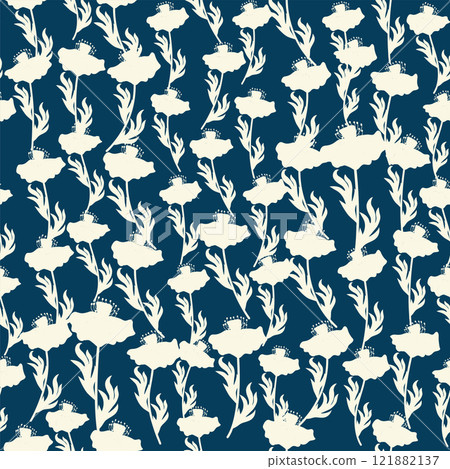 bicolor contour silhouette seamless pattern with poppy flowers and leaves. Abstract floral spring, summer pattern 121882137