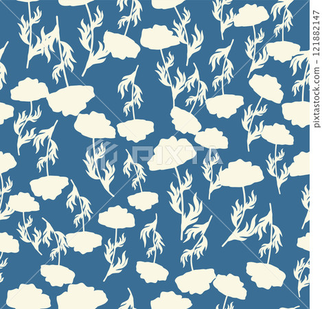 bicolor contour silhouette seamless pattern with poppy flowers and leaves. Abstract floral spring, summer pattern 121882147