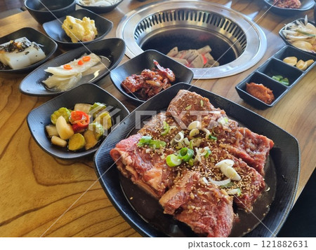 Korean BBQ. Seasoned beef ribs Korean BBQ. Seasoned beef ribs 121882631