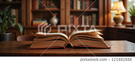 Discovering knowledge in a cozy library filled with books and warm lighting 121882888