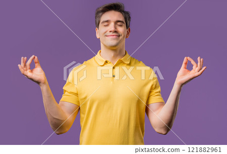 Calm mature man relaxing,meditation,reduces stress. Guy in tranquility, vitality Calm mature man relaxing,meditation,reduces stress. Guy in tranquility, vitality 121882961
