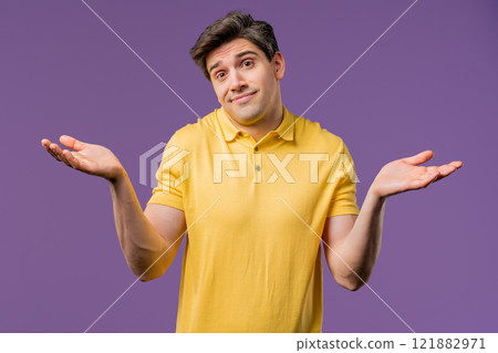 Ignorant mature 30s man, shoulders up - can't help, makes gesture I dont know 121882971