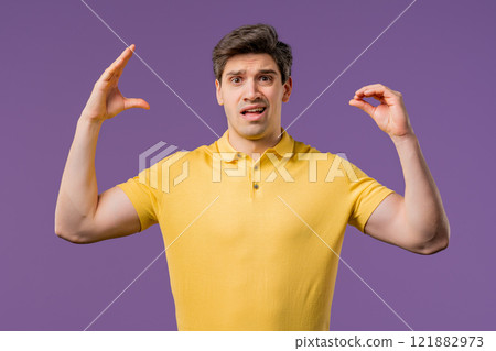 Irritated mature handsome man showing bla-bla gesture with hands, rolling eyes Irritated mature handsome man showing bla-bla gesture with hands, rolling eyes 121882973