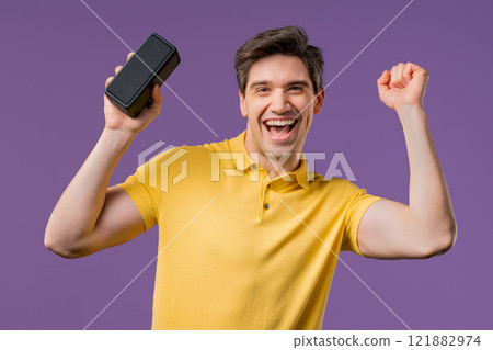 American Handsome Man Listening Music Wireless Portable Speaker Sound System American Handsome Man Listening Music Wireless Portable Speaker Sound System 121882974