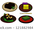 A set illustration of yokan arranged on a simple tray (with main lines) A set illustration of yokan arranged on a simple tray (with main lines) 121882984