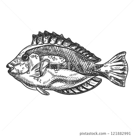 Vector illustration of angel sea fish. A tropical underwater animal. Tropical element of natural world. For postcards, prints. Hand drawn textured sketch in black and white on isolated background Vector illustration of angel sea fish. A tropical underwater animal. Tropical element of natural world. For postcards, prints. Hand drawn textured sketch in black and white on isolated background 121882991