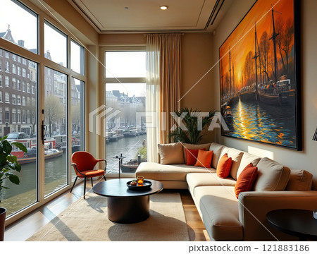 Cozy living room with stunning canal view in a modern Amsterdam apartment at sunset Cozy living room with stunning canal view in a modern Amsterdam apartment at sunset 121883186