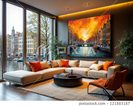 Modern living room with large painting and canal view in Amsterdam during sunset 121883187