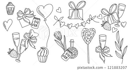 Hand drawn Valentines Day vector set with gifts, flowers, hearts, champagne glasses, cupcakes, and romantic detail. doodle art in outline style. Ideal for coloring, print, card, stationery, decoration Hand drawn Valentines Day vector set with gifts, flowers, hearts, champagne glasses, cupcakes, and romantic detail. doodle art in outline style. Ideal for coloring, print, card, stationery, decoration 121883207
