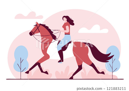 Young woman riding a horse. Horse riding activity. Horseback riding concept illustration 121883211