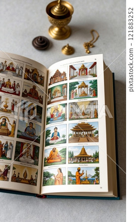 An open book with pages showing illustrations of various religious practices, temples, and places of worship, highlighting the diversity of belief systems. 121883252