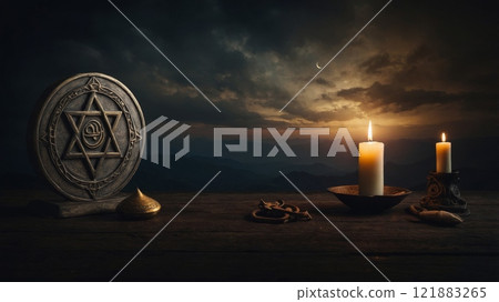 A single religious symbol, such as a glowing Christian cross, an Islamic crescent moon, a Jewish Star of David, or a Hindu Om symbol, centered on a dark, textured background. 121883265