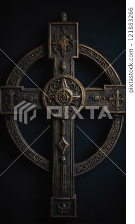 A single religious symbol, such as a glowing Christian cross, an Islamic crescent moon, a Jewish Star of David, or a Hindu Om symbol, centered on a dark, textured background. 121883266