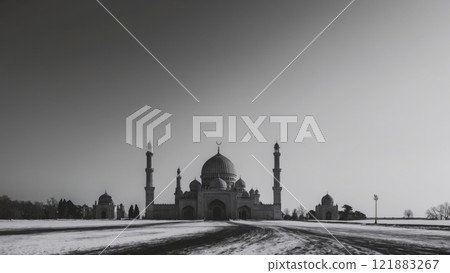 A minimalist and serene depiction of a place of worship, such as a mosque, church, or temple, set against a pristine blue sky. A minimalist and serene depiction of a place of worship, such as a mosque, church, or temple, set against a pristine blue sky. 121883267