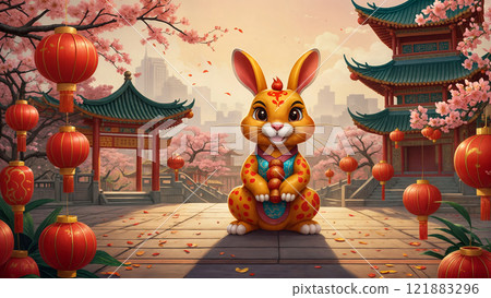 Colorful rabbit statue in a vibrant Asian garden during spring festival celebrations 121883296