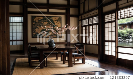 Tranquil Japanese dining room with elegant decor and serene garden views Tranquil Japanese dining room with elegant decor and serene garden views 121883297