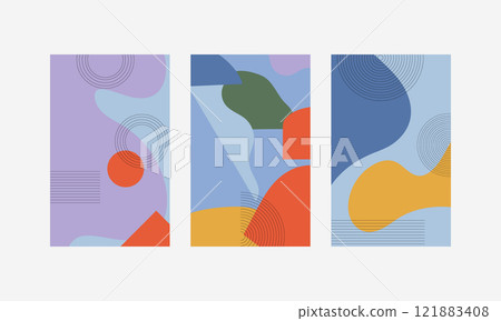 Vector illustration. Abstract design consisting of geometric shapes in bright colors, divided into three vertical parts. 121883408