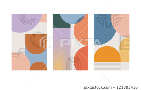 Composition of three vertical panels, each containing geometric shapes, circles, semi-circles, rectangles in pastel colors with accents of orange, blue and purple. Composition of three vertical panels, each containing geometric shapes, circles, semi-circles, rectangles in pastel colors with accents of orange, blue and purple. 121883410