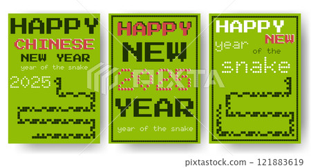Happy new year vertical posters. Chinese new year 2025. Year of the snake. Retro game conceptual designs. Happy new year vertical posters. Chinese new year 2025. Year of the snake. Retro game conceptual designs. 121883619