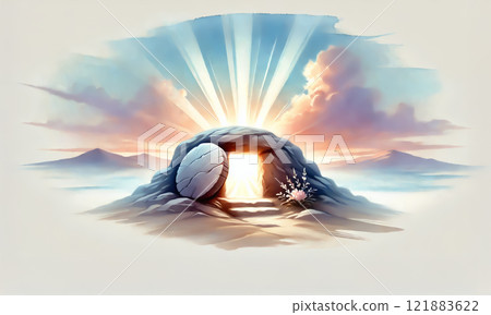 Abstract watercolor illustration of resurrection of Jesus Christ at sunrise seen from behind with empty tomb and sunbeam. Banner. Copy space 121883622