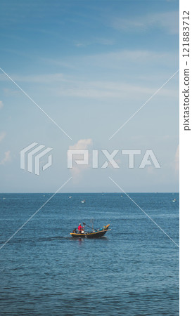 Amazing Seascape view. Magic energy of beautiful happy clouds. Vietnam tropical calm sea 121883712