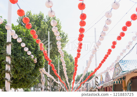 Paper lanterns, farolillos, at the April Fair in Seville, Andalusia, Spain 121883725
