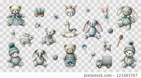 Watercolor hand drawn set of newborn kids toys vector. 121883767
