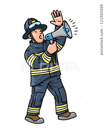 Firefighter or fireman with a megaphone Firefighter or fireman with a megaphone 121883889
