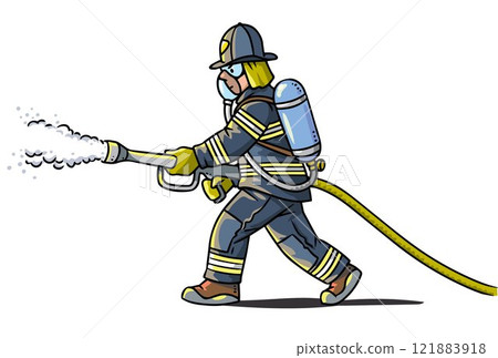 Firefighter or fireman with a fire hose. 121883918