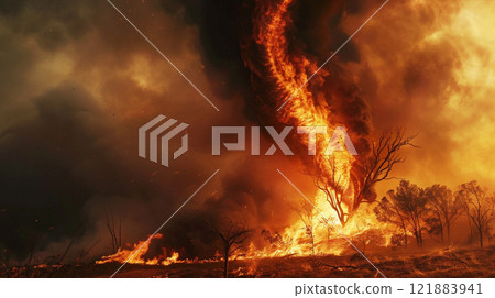 Intense wildfire fire tornado spiraling amidst burning forest under dark smoky skies 121883941