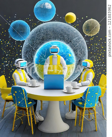 Robots having business meeting in future cafe in contemporary dining area with futuristic settings. 121883962