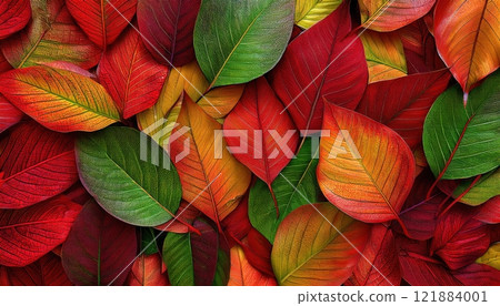 Variety of autumn leaves in red, yellow, and green create a colorful carpet on the ground. 121884001