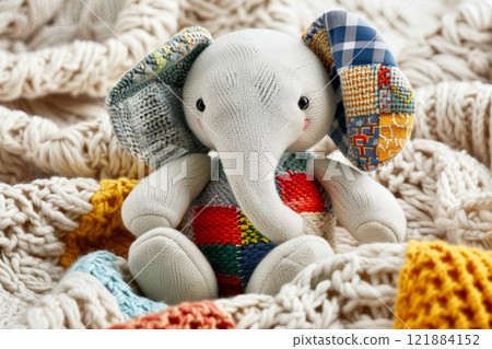 Handmade elephant toy sitting on knitted blanket 121884152