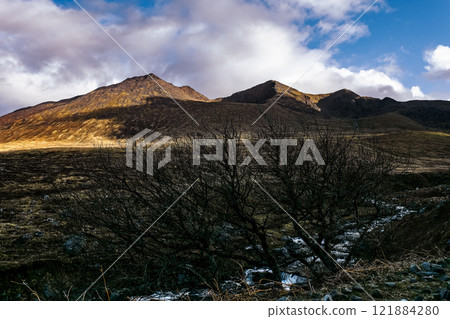 In a tranquil setting, mountains rise against the sky, illuminated by soft evening light. A stark, leafless tree stands in the foreground, enhancing the serene atmosphere. In a tranquil setting, mountains rise against the sky, illuminated by soft evening light. A stark, leafless tree stands in the foreground, enhancing the serene atmosphere. 121884280