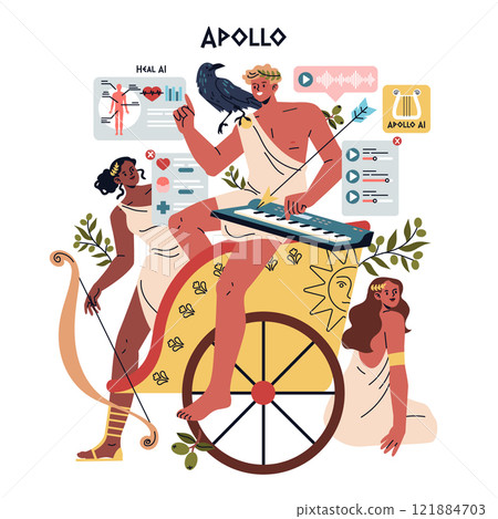 Olympic Gods Synergy AI concept. Apollo fuses technology with mythology, using AI tools to manage health, music, and prophecies. Vector illustration. Olympic Gods Synergy AI concept. Apollo fuses technology with mythology, using AI tools to manage health, music, and prophecies. Vector illustration. 121884703