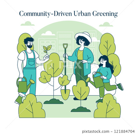 Green Infrastructure concept. Volunteers planting trees in a city garden, promoting urban sustainability and environmental stewardship. Vector illustration. Green Infrastructure concept. Volunteers planting trees in a city garden, promoting urban sustainability and environmental stewardship. Vector illustration. 121884704