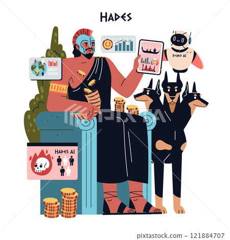 Olympic Gods Synergy AI concept. Hades with AI technology managing data and wealth, a modern twist on mythology. Innovative Greek deity, cyber underworld ruler. Vector illustration. 121884707