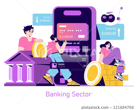 Banking Sector concept. Digital finance management with income and expense tracking. Interactive mobile banking, savings and transactions. Vector illustration. 121884708