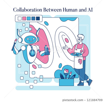 Human-AI Collaboration concept. An artist and a robot partner up in painting, blending traditional creativity with modern technology. Vector illustration. 121884709