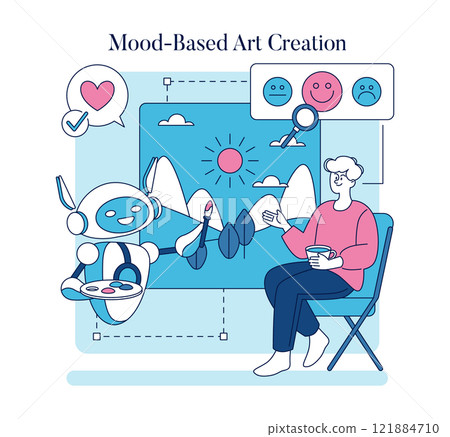 Automation in Creativity concept. A person sitting with coffee as a robot paints a landscape, with mood icons overhead. Vector illustration. 121884710