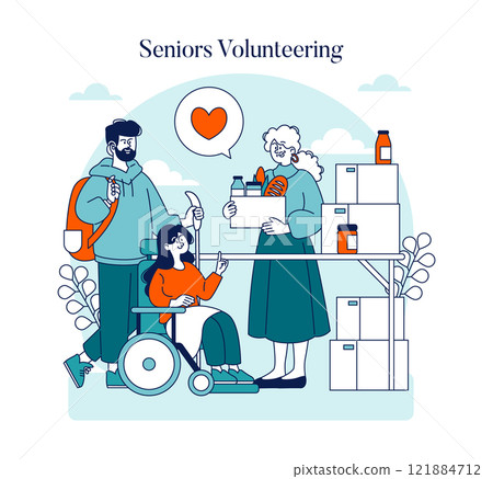 Senior Volunteering concept. Elderly people engage in community service, showcasing intergenerational solidarity and care. Elderly support, active retirement. Vector illustration. 121884712