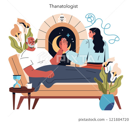 Thanatology concept. A counselor comforting a grieving person with a backdrop of a cosmic portal, expressing the journey of life. Supportive therapy session. Vector illustration. 121884720