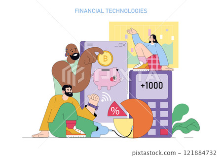 Financial Technologies concept. Diverse group engaging with digital finance tools, from cryptocurrency to savings. Digital payment, modern banking, investment growth. Vector illustration. Financial Technologies concept. Diverse group engaging with digital finance tools, from cryptocurrency to savings. Digital payment, modern banking, investment growth. Vector illustration. 121884732