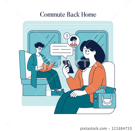 Working Mom Day concept. A mother on her commute home checks her phone, catching up on family life while fellow passengers are nearby. Vector illustration. Working Mom Day concept. A mother on her commute home checks her phone, catching up on family life while fellow passengers are nearby. Vector illustration. 121884733